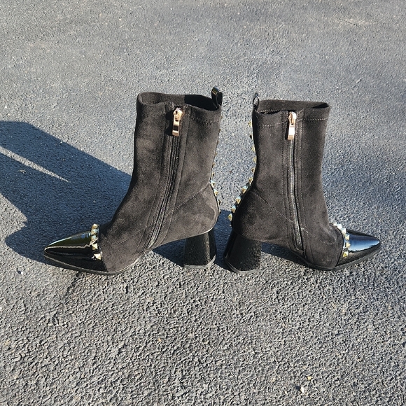 Black Suede Mid-Calf Heeled Boots with Gold Cap Toe and Stud Trim - Picture 9 of 16